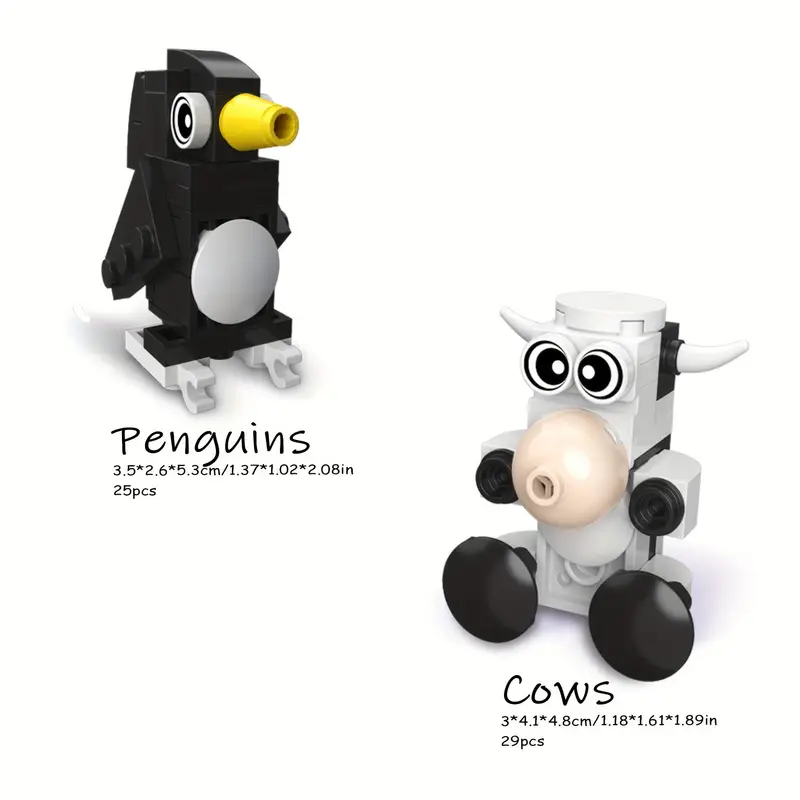 A LEGO-like penguin figure (black, white, yellow) labeled Penguins, sized 3.5*2.6*5.3cm with 25 pieces, is on the left; a charming cow (white, black, gray) labeled Cows, 3*4.1*4.8cm with 29 pieces, is on the right from the 10 Cute Little Brick Animals set featuring hippos and foxes too.