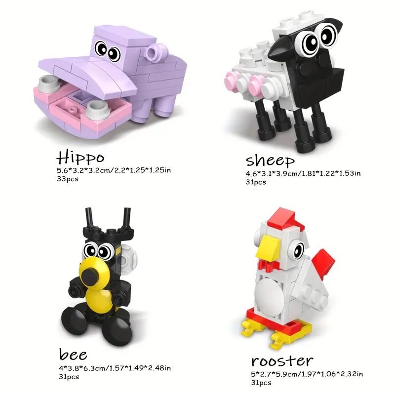 Four charming animal figures from the 10 Cute Little Brick Animals set, ideal for animal lovers, include a purple hippo (33 pcs), a black-and-white sheep (31 pcs), a yellow-and-black bee (28 pcs), and a red-and-white rooster (28 pcs). These vibrant models captivate with their vivid colors!.