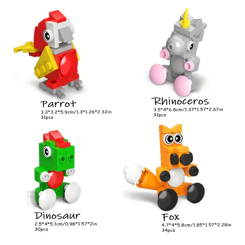 Four petite brick animals feature charming creatures: a red parrot, gray rhino, green dinosaur, and orange fox. Each figures meticulous design appeals to animal lovers. Part of 10 Cute Little Brick Animals series including a hippo, penguin, and cow.