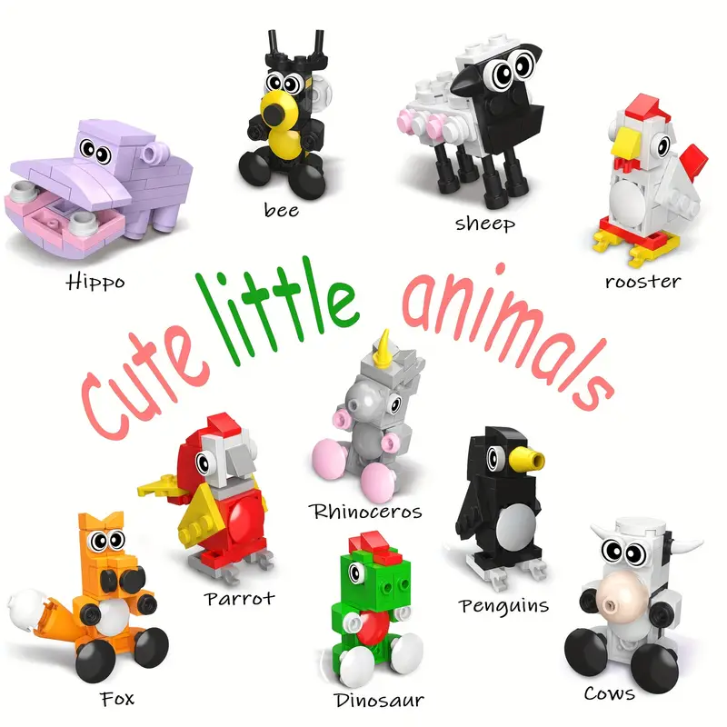 An image showcases vibrant brick figures of adorable animals, such as a hippo, penguin, cow, and fox from the 10 Cute Little Brick Animals Various Types set. The playful font of Cute Little Animals above captivates animal enthusiasts.