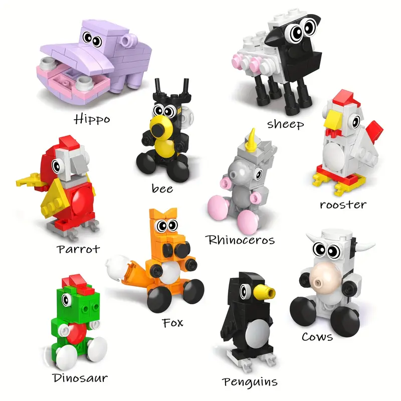 A set of ten vibrant LEGO figures includes Hippo, Penguin, Cow, Fox, Sheep, Bee, Rhinoceros, Rooster, Parrot, and Dinosaur. These colorful animals are crafted with distinct features that delight any animal lover.