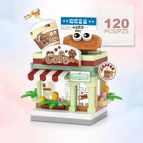 The Building Blocks Café model includes 120 pieces and features a playful design with googly-eyed coffee cup and pastry on the roof, a Cafe sign, colorful awnings, and plant details that pop under natural light.