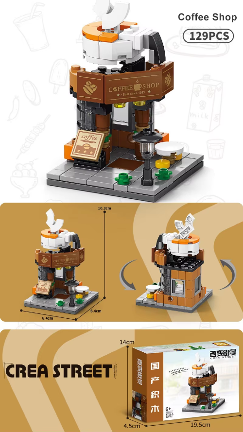 The Building Blocks Coffee Shop set captures a coffee shop vibe with a mini counter, coffee machine, and roof cup design. It measures 10.1cm x 6.4cm x 14cm and includes 129 pieces for an engaging build, packaged under CREA STREET.