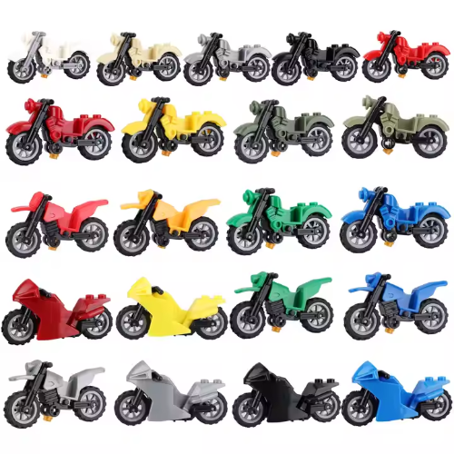 Sleek, colorful Minifigure Bikes for Racing in red, yellow, green, blue, black, and gray are neatly arranged in rows on a white background, showcasing various styles and shapes.