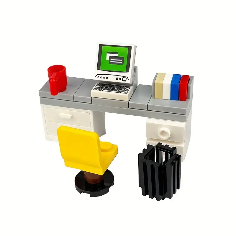 Create a modern home scene with the Minifigure Computer Desk Furniture assembly toy. It features a computer with a green screen, red mug, colorful books, and includes a yellow chair, two drawers, and black trash bin for the ideal minifigure setup.