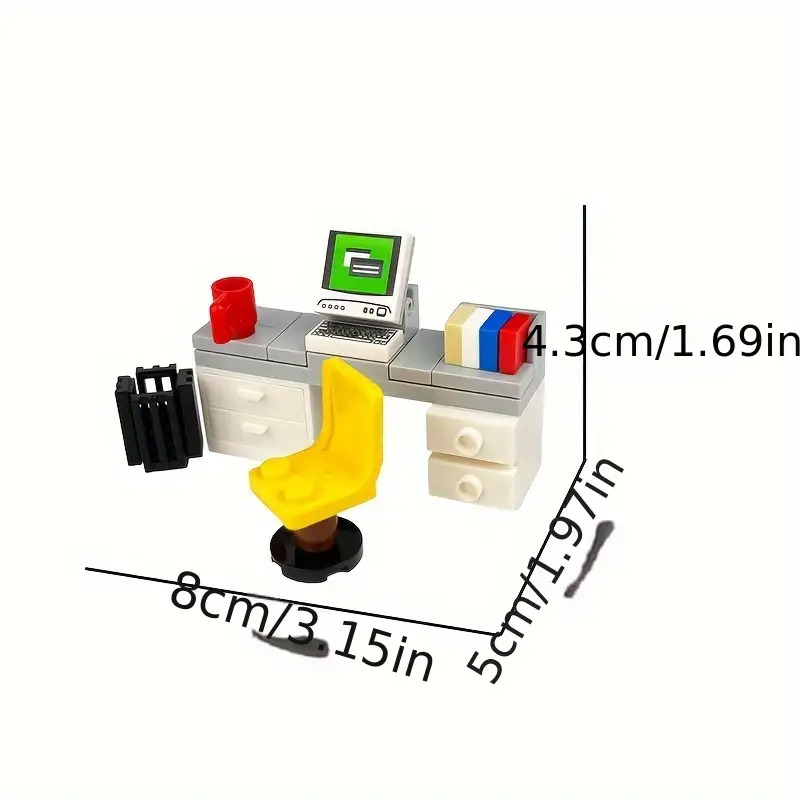 Enhance your modern home scene with the Minifigure Computer Desk Furniture set featuring a yellow chair, gray desk, and tiny furniture: a mini computer with green screen, red mug, and three books. Desk dimensions: 8cm wide, 5cm high, 4.3cm deep. Ideal for educational building block assemblies.