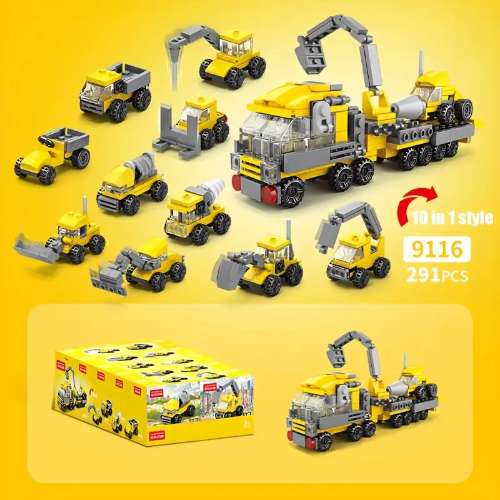 The 10pcs Construction Vehicle Building Blocks Set, with 10 in 1 combinations, features yellow and gray vehicles like a crane, dump truck, and excavator. Labeled 9116, this 291-piece set includes a box adorned with images of the vehicles for imaginative adventures.