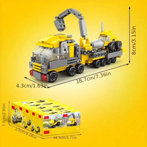 The 10pcs Construction Vehicle Building Blocks Set sparks imaginative play with interchangeable parts. The assembled toy measures 18.7cm x 8cm, and the box is 23cm x 14.5cm x 7.5cm, featuring a bright yellow background perfect for young builders.