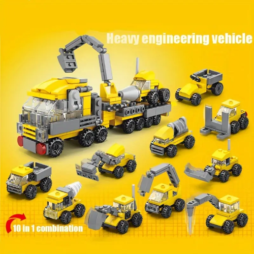 The 10pcs Construction Vehicle Building Blocks Set offers a 10-in-1 combination featuring versatile construction vehicles like cranes, trucks, and loaders on a yellow background. Text reads Heavy engineering vehicle, with a red arrow pointing to imaginative adventures.