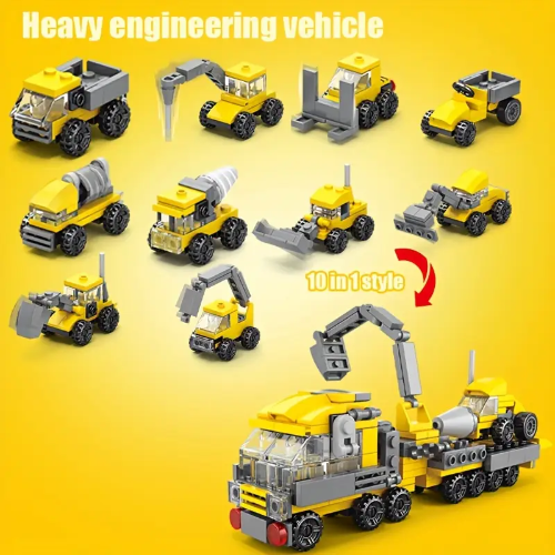 The 10pcs Construction Vehicle Building Blocks Set offers 10 in 1 combinations with yellow toy construction vehicles like trucks, excavators, and drills. Its perfect for imaginative play, featuring Heavy engineering vehicle for multiple build options.