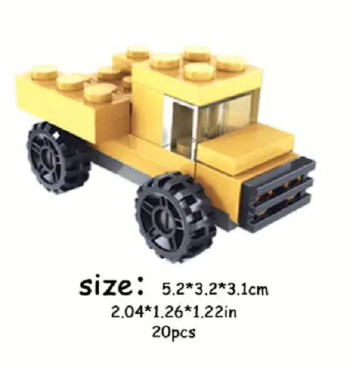 The 10 Cute Brick Block Cars set includes a yellow racing car toy with black wheels and a simple truck design. Measuring 5.2 x 3.2 x 3.1 cm, it comprises 20 pieces, ideal for young builders to assemble and race around their playroom tracks!.