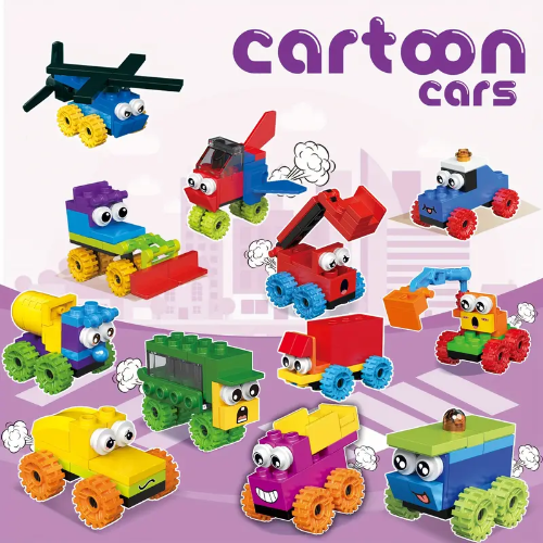 The image features a colorful array of quirky Cartoon Brick Block cars, vehicles like helicopters and bulldozers with expressive eyes and smiling faces, set against a cityscape backdrop. Choose from 12 delightful toy options.