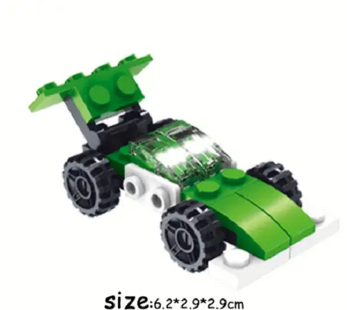 A small and adorable racing car from the 10 Cute Brick Block Cars set, in green and black, features a transparent windshield, a raised spoiler, and measures 6.2 x 2.9 x 2.9 cm.