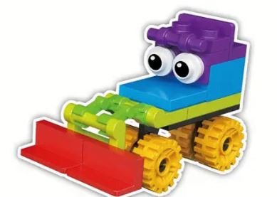 This quirky car from the Cartoon Brick Block cars collection features interlocking plastic bricks, lively googly eyes on a blue block face, a red scoop at the front, and vibrant yellow wheels for a playful design.