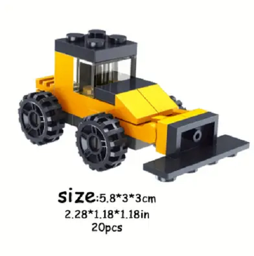 This Cute Brick Block vehicle resembles a bulldozer with a yellow and black color scheme, large black wheels, and a flat front. Measuring 5.8*3*3 cm with 20 pieces, its ideal for miniature car enthusiasts who value precision and style. Part of the 10 Cute Brick Block Cars collection featuring diverse vehicles.