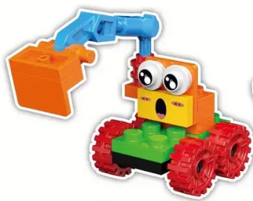 Introducing a standout from the quirky Cartoon Brick Block cars collection: a vibrant toy vehicle with red wheels, an orange body, large cartoon eyes, and a blue movable arm with an orange scoop.