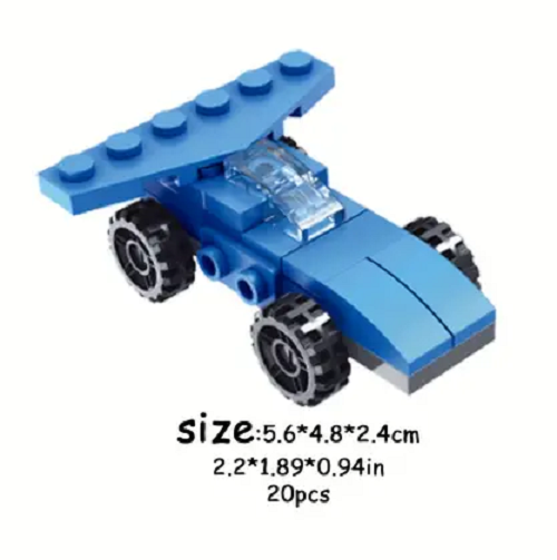 Unleash fun with the blue Cute Brick Block Racing Car! Built from 20 interlocking bricks, it measures 5.6x4.8x2.4 cm and features four black wheels, a transparent windshield, and a rear spoiler. Perfect for mini racing adventures! Part of the 10 Cute Brick Block Cars set, including cars, tanks, and more.
