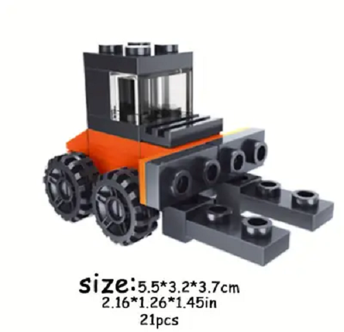 Fans of Cute Brick Block Cars will love this toy construction vehicle crafted from 21 Lego-like blocks. Measuring 5.5 x 3.2 x 3.7 cm, it has four wheels and two front prongs, perfect for building racing car adventures! Part of the 10 Cute Brick Block Cars series including a car, tank, forklift truck, jet, and truck.