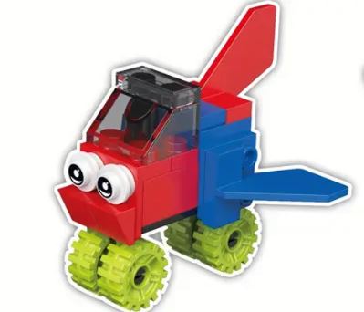 The Cartoon Brick Block car features large front eyes, a red and blue body, red wings, and four green textured wheels. With its transparent windshield, this vibrant addition to your quirky cars collection offers a playful cartoonish charm. Choose from 12 designs.