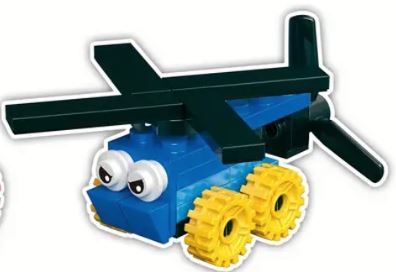 This quirky toy helicopter is crafted from Cartoon Brick Block pieces, featuring a blue body with googly eyes, yellow wheels for playfulness, and completed with a black rotor and rear propeller. Part of the Cartoon Brick Block cars collection, offering 12 different models to choose from.