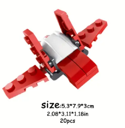 This 20-piece toy spacecraft, part of 10 Cute Brick Block Cars, is crafted from interlocking bricks in red and white, resembling a racing car with angled wings. Measuring 5.3 x 7.9 x 3 cm, its perfect for an exciting build experience!.