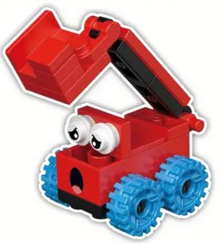 A small red toy excavator from the Cartoon Brick Block Cars collection features interlocking bricks, large googly eyes, an open mouth, blue wheels, and a movable red bucket arm—perfect for any quirky car collection with its playfully expressive design.