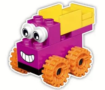 This quirky car from the Cartoon Brick Block cars collection features interlocking blocks, a purple body, yellow back, large orange wheels, cartoon eyes, and a smiling mouth for a playful expression sure to delight.