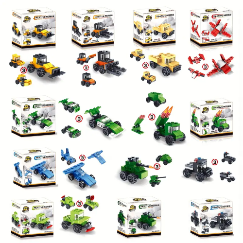 Image featuring 10 Cute Brick Block Cars sets, with boxes displaying models like racing cars, tanks, trucks, forklifts, and jets. In vibrant reds, greens, and blues, these adorable toys inspire endless creative building adventures.