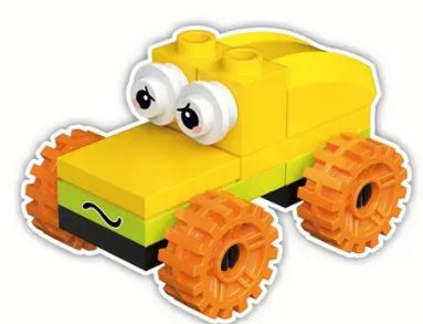 A playful addition to any toy collection, this small yellow Lego car features large expressive eyes, a black mustache, and quirky orange wheels. Its one of 12 designs in the Cartoon Brick Block cars series.