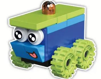 The Cartoon Brick Block car, part of the 12 to choose from series, features a cute vehicle with large eyes, a smiling face, an orange cap, a blue body with a green roof, and four green wheels—perfect for any quirky toy car collection.
