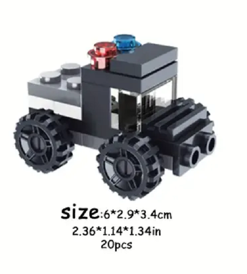 This sleek black brick block racing car, featuring large wheels and red and blue lights, measures 6x2.9x3.4 cm. Made from 20 interlocking pieces, its perfect for vehicle enthusiasts seeking endless building fun. Part of the 10 Cute Brick Block Cars collection with various models like a tank and jet.