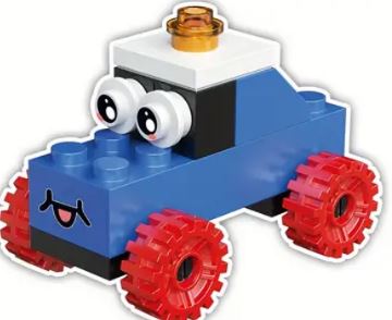 This quirky addition to any toy collection, the Cartoon Brick Block car, features a blue body, bright red wheels, a white top with a small orange light, and playful cartoonish eyes with a smiling face.
