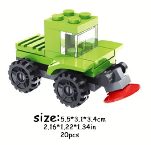 A charming small green toy tractor from the Cute Brick Block Cars collection is made of interlocking bricks, featuring black wheels and a red front attachment. With 20 pieces and dimensions shown below its image, it complements the 10-piece set, including a racing car, tank, forklift truck, jet, and truck.