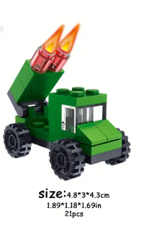 A cute racing car crafted from interlocking green and black bricks features two red rocket-like structures on top. This small car, part of the 10 Cute Brick Block Cars set, measures 4.8 x 3 x 4.3 cm and includes four wheels and a windshield—ideal for building speed and excitement!.