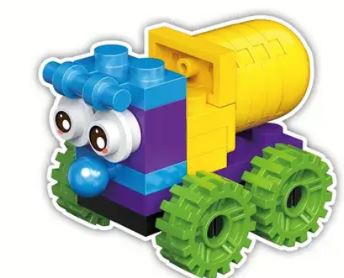 Add a playful touch to your toy collection with Cartoon Brick Block cars. This fun construction truck, featuring a purple and blue cab with cartoon eyes, a yellow cement mixer drum, and green wheels, is crafted from colorful interlocking bricks for vibrant charm.