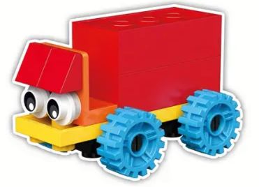 This quirky car from the Cartoon Brick Block series features a vibrant rectangular body in red with a yellow base, blue wheels, two round white eyes, and a whimsical angled red front, making it a standout addition to any toy collection. Choose from 12 designs.