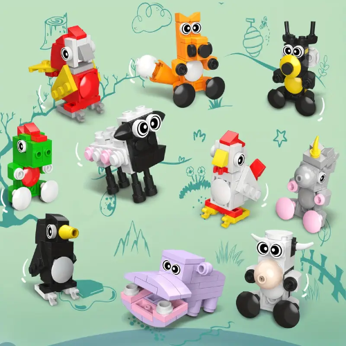 Building block toy animals like hippo, penguin, cow, and fox set against a green doodle backdrop. Ideal for animal lovers, these feature exaggerated eyes and whimsical styles.