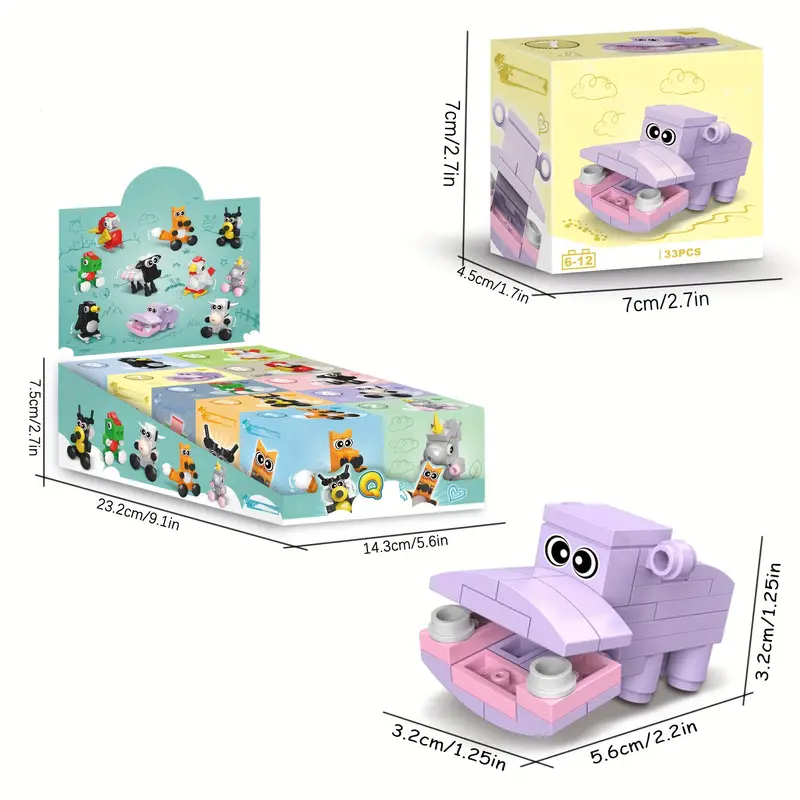 Box of Cute Little Brick Animals, featuring colorful designs for animal lovers, including a purple hippo. Display box: 23.2x13.4x13.3 cm; Hippo toy: 5.6x3.2x3.2 cm; Individual box: 7x4.5x7 cm; Perfect for ages 6-12 with its engaging play and learning features—includes penguin, cow, and fox too!.