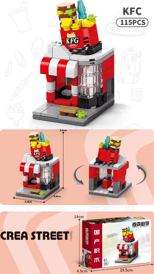 Introducing the Building Blocks Fried Chicken Shop, a Lego-style set with 115 pieces, featuring a miniature quick-service restaurant inspired by KFC. It includes a red and white structure with a sign, soda cup, fries, and fried chicken bucket. Packaging dimensions indicated for endless fun!.