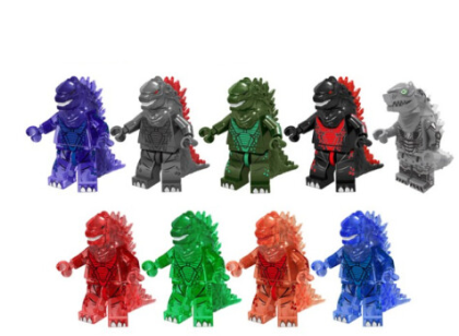 The Godzilla Minifigure Toy collection features nine vibrant kaiju figures in purple, blue, green, dark green, black, gray, red, orange, and light red. Each toy resembles the iconic King of the Monsters and shares similar shapes and sizes.