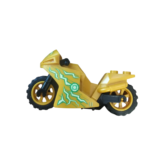 A yellow Minifigure Bike for Racing features black wheels and green lightning patterns on the sides, perfect for intense building block races. It includes a sleek design with a small circular emblem visible from the side.