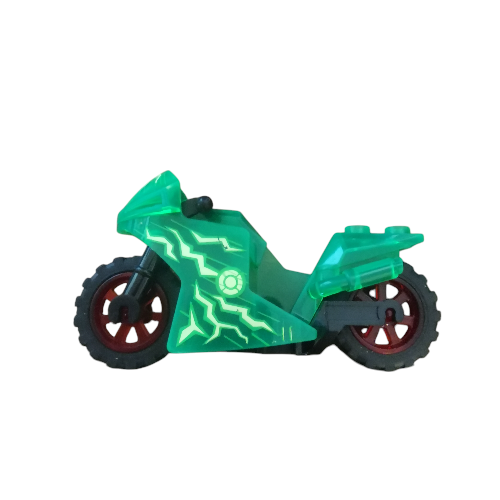 The Minifigure Bikes for Racing feature a sleek, green design with black wheels and red rims adorned with lightning graphics, providing a futuristic appearance ideal for intense races.
