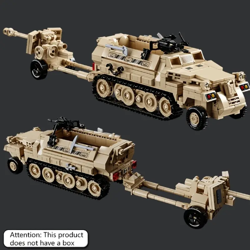 The Military Half-Tracked Armored Vehicle Building Kit features black and tan models, including tracked wheels and mounted guns, with one towing a cannon. Displayed on a gray background, the note states: Attention: This product does not have a box. Suitable for ages 6+, includes 562 pieces.