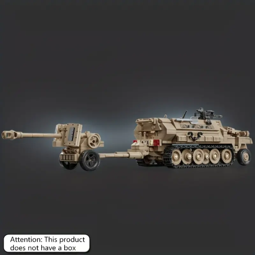 Set against a gray background, the Military Half-Tracked Armored Vehicle Building Kit showcases a beige toy tank with tracks and a long cannon barrel, complete with a smaller rear cannon. Note: No box is included.