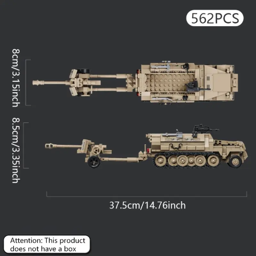The Military Half-Tracked Armored Vehicle Building Kit is a 562-piece DIY artillery tank model in black and tan. Measuring 37.5 cm by 8 cm by 8.5 cm, its perfect for military engineer enthusiasts, crafted from durable ABS plastic. Note: This product does not include a box.