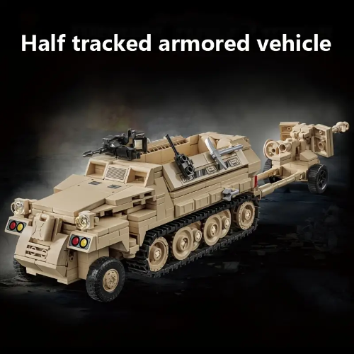 This DIY assembly toy is a Military Half-Tracked Armored Vehicle Building Kit made from 562 durable ABS plastic pieces. It features a rugged black and tan design with rear tracks, front wheels, and detailed mounted weapons. Suitable for ages 6+.