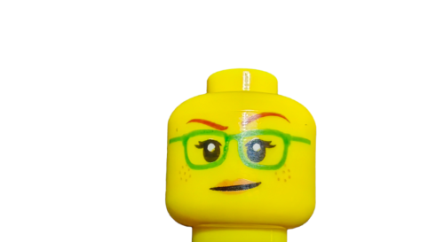 The LEGO 6271746 Minifigure Head showcases vibrant green glasses, red eyebrows, and a subtle smile on a white background.