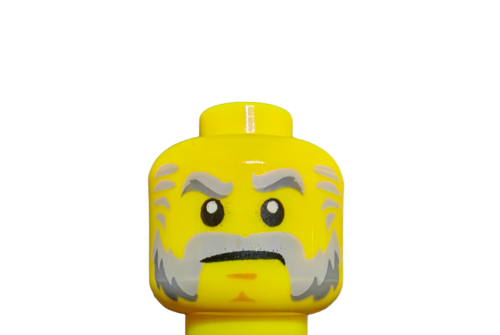 Close-up of a LEGO 6099581 Minifigure Head, Grumpy Grandpa, showcasing stern eyebrows, large eyes, grey beard with white mustache, and no smile.