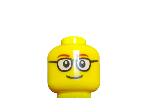 Close-up of the LEGO 6112629 Minifigure Head featuring black glasses, a smiling expression, and orange eyebrows set against a white background—ideal for enhancing any minifigure collection.