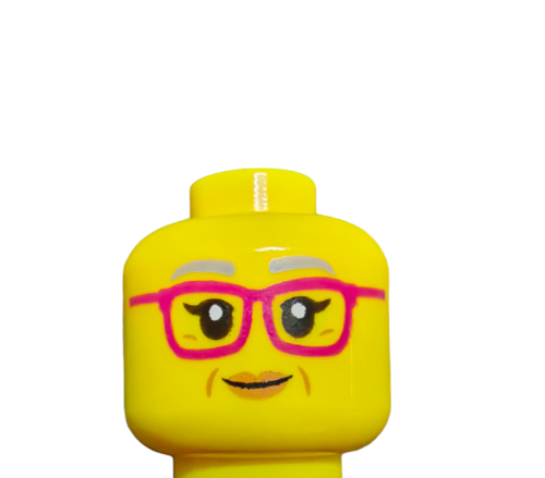 Close-up of a LEGO 6305730 Minifigure head with silver eyebrows and pink glasses, featuring a double-faced smiling expression, isolated on a white background.